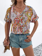 Bohemian Paisley Print V-neck Short Sleeve T-shirt (9)
