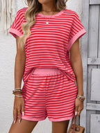Striped Casual Round Neck Top Shorts Set (9)