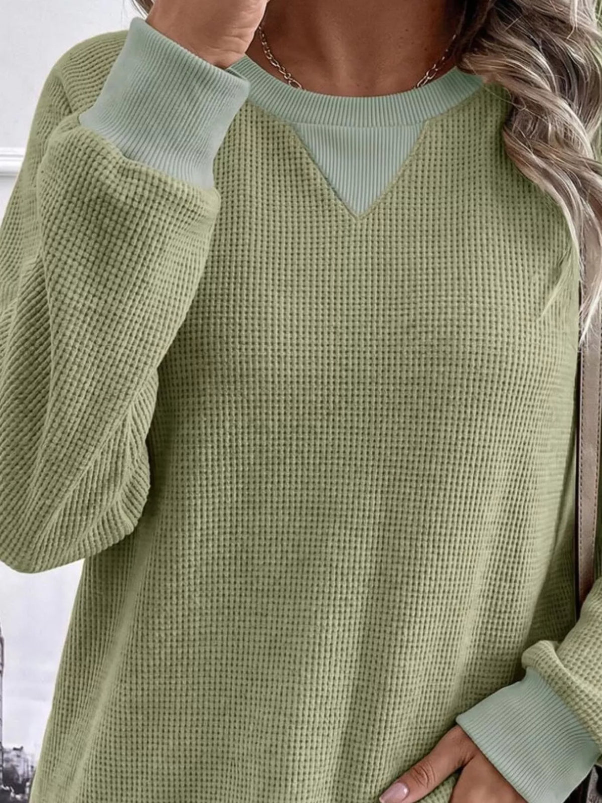 Waffle Knit Crew Neck Long Sleeve Sweatshirt (10)
