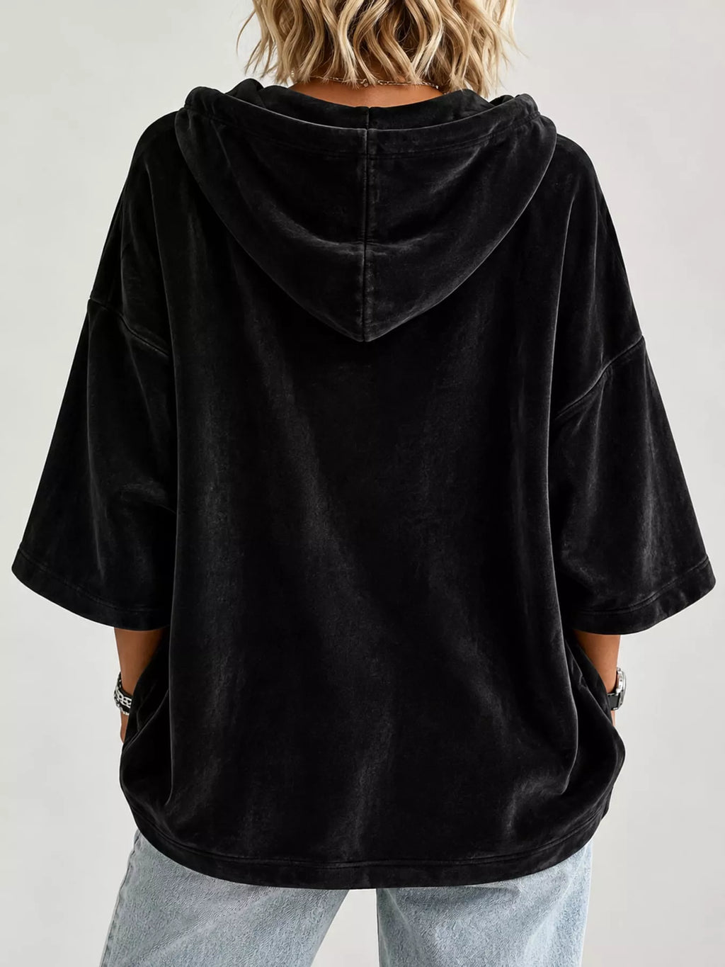 Full Size Velvet Half Sleeve Hoodie Drawstring Plus (3)