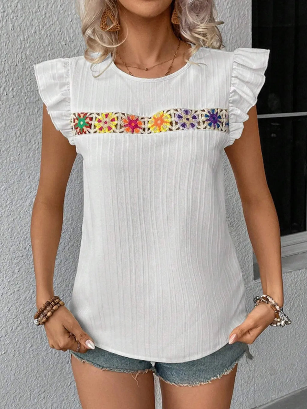Ruffled Round Neck Cap Sleeve Blouse (10)