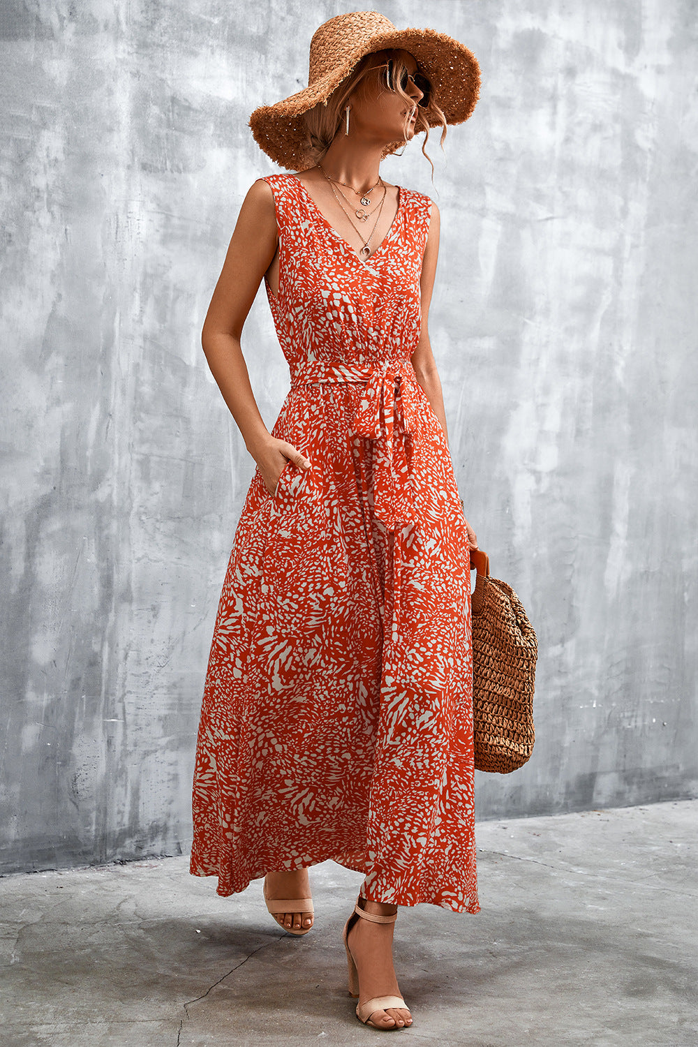 Printed V-neck Tie Waist Maxi Dress (3)
