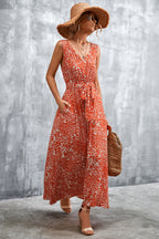 Printed V-neck Tie Waist Maxi Dress (3)