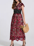 Printed V-neck Ruffle Sleeve Midi Dress (18)