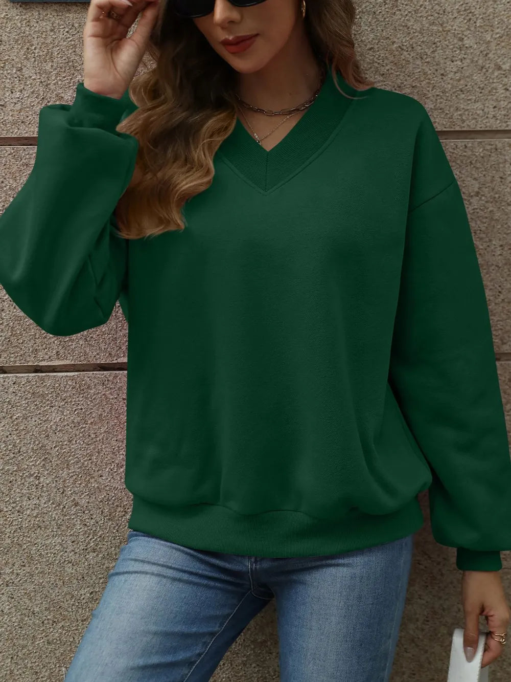 V-neck Long Sleeve Dropped Shoulder Sweatshirt (31)