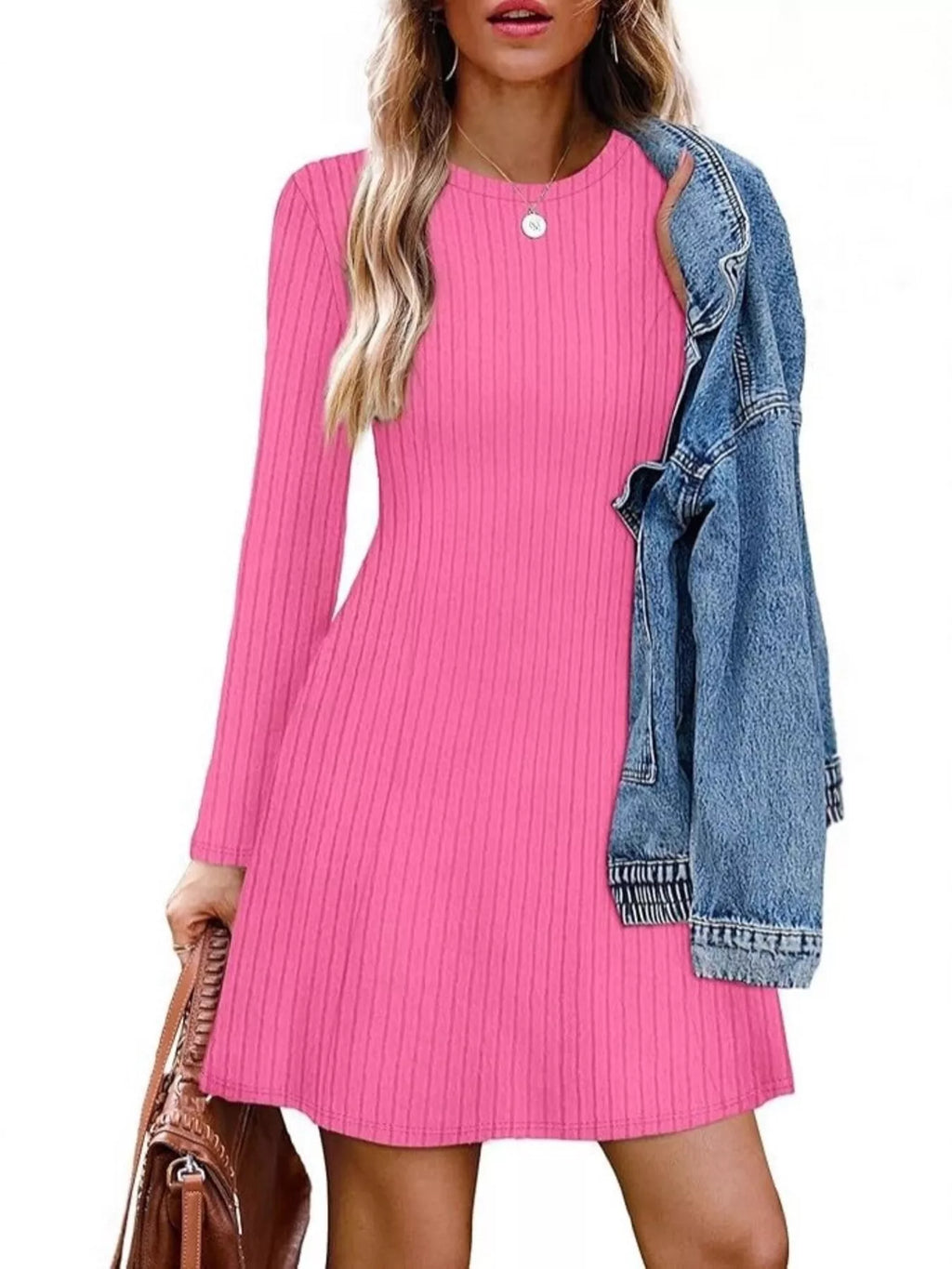 Ribbed Knit Long Sleeve A-line Dress (15)