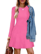 Ribbed Knit Long Sleeve A-line Dress (15)