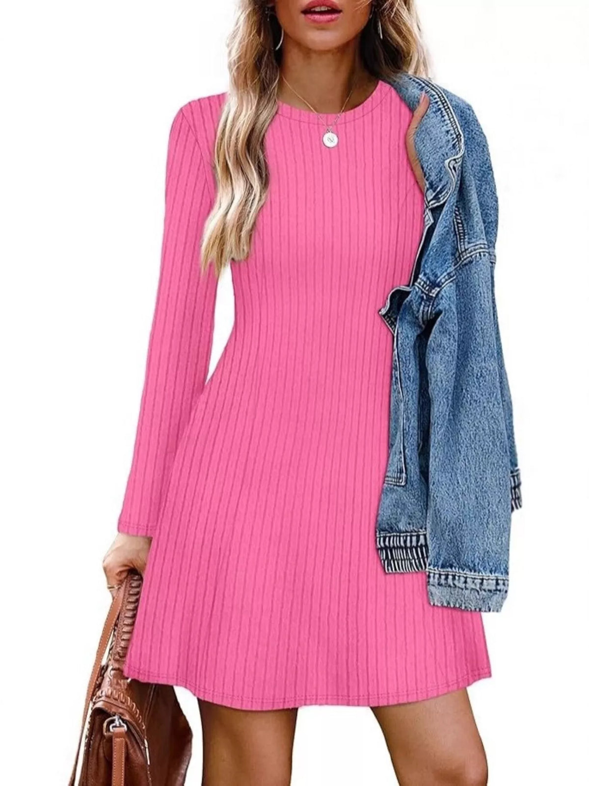 Ribbed Knit Long Sleeve A-line Dress (15)