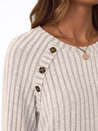 Ribbed Knit Decor Button Long Sleeve T-shirt (3)