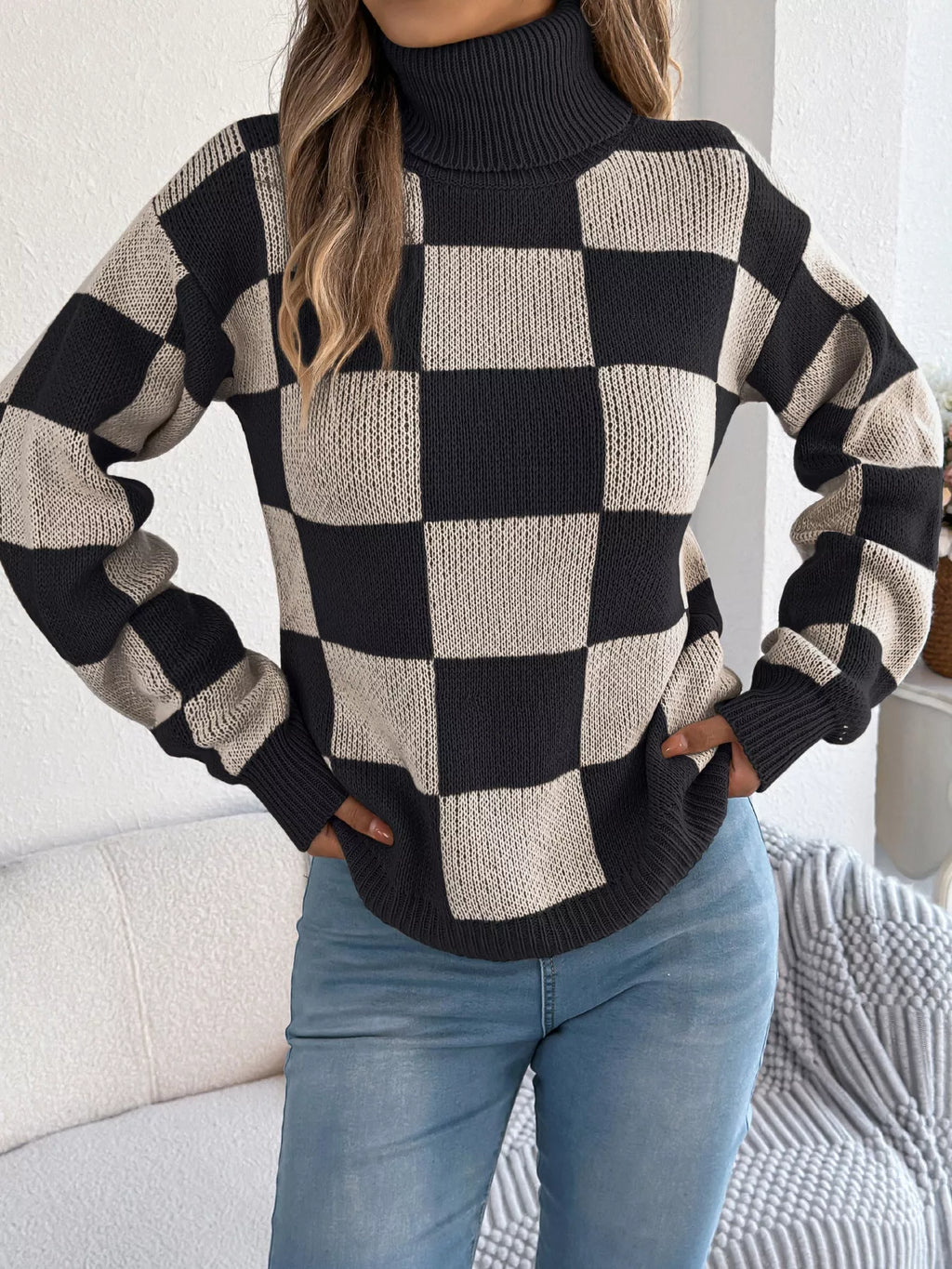 Checkered Turtleneck Long Sleeve Sweater (10)