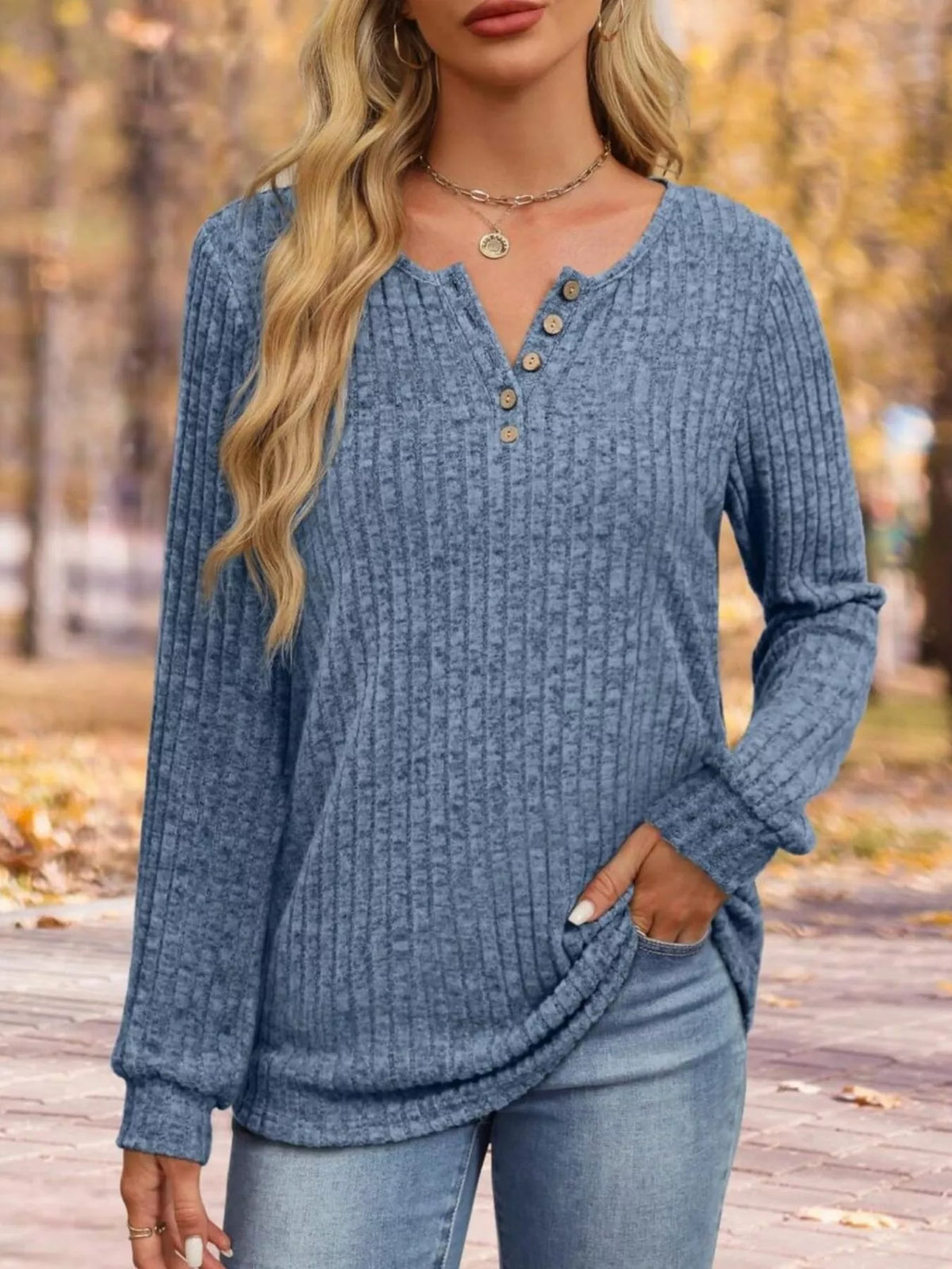 Ribbed Knit Button-front Long Sleeve T-shirt (12)