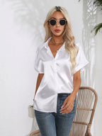 Button Down Collared Neck Short Sleeve Satin Shirt (9)