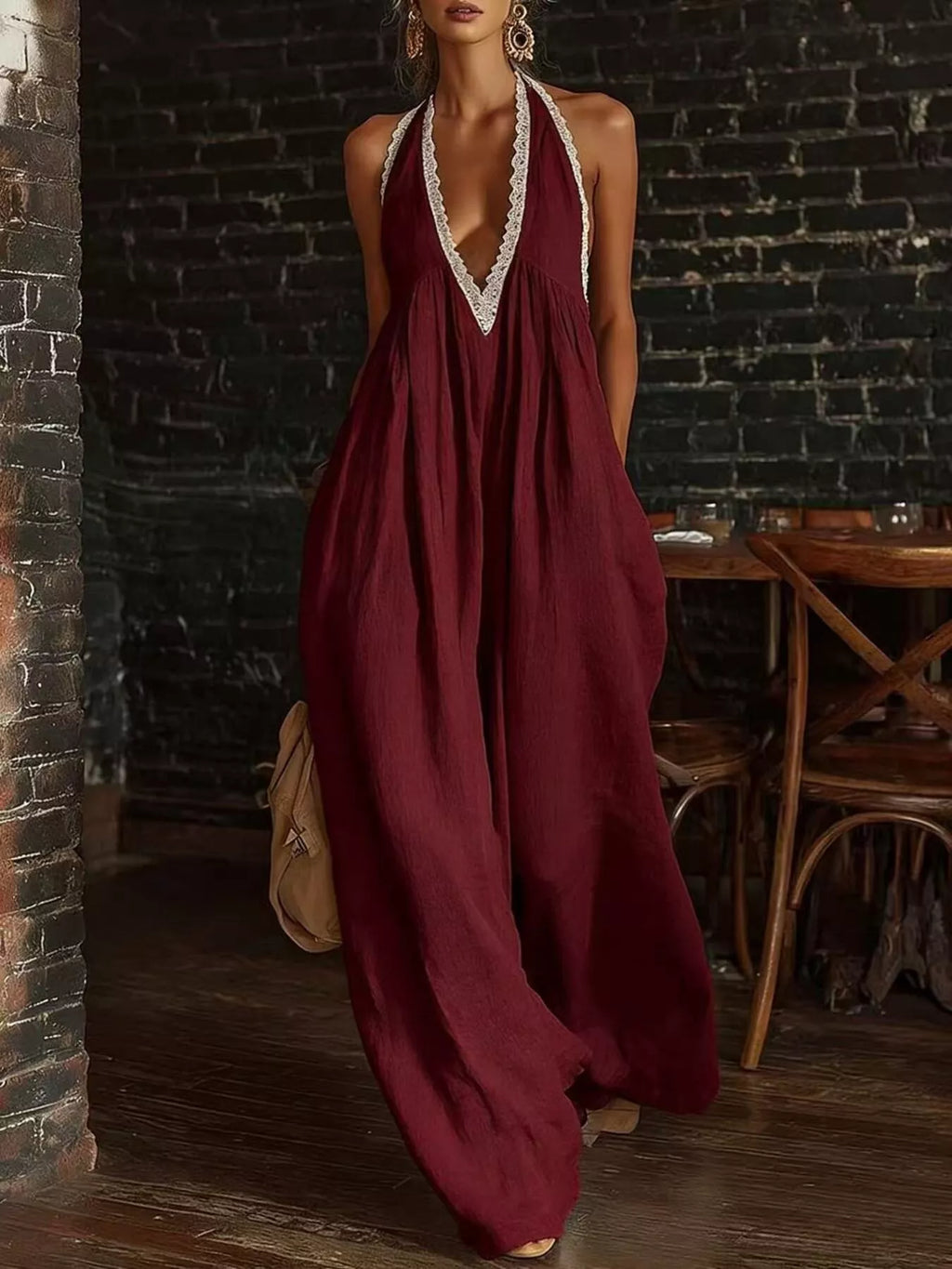 Full Size Halter Neck Lace Trim Wide Leg Jumpsuit Plus (7)