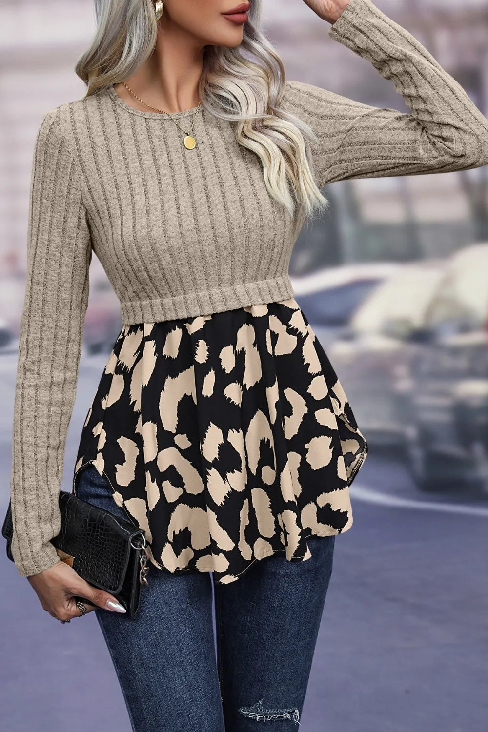 Leopard Peplum Round Neck Blouse (2)