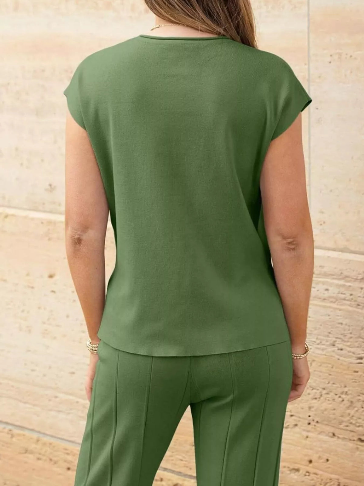 Casual Solid Color Cap Sleeve Top Pants Knit Set (17)
