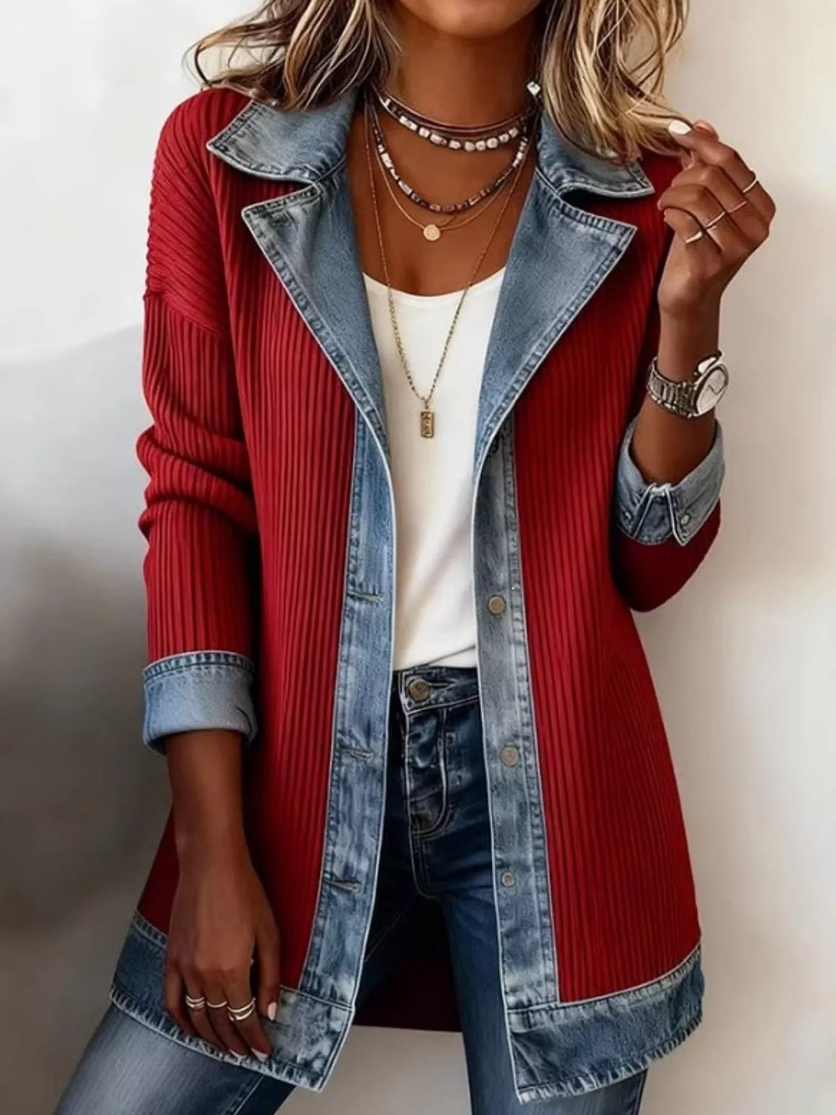 Full Size Denim Trim Ribbed Knit Cardigan Plus (18)