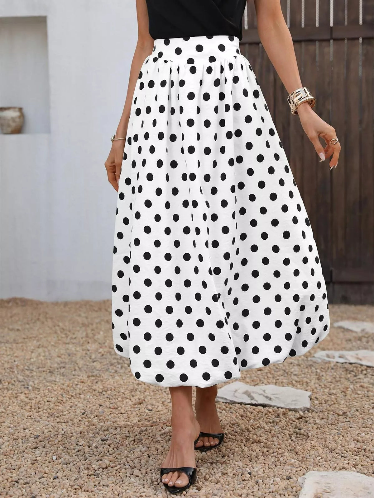 High-waisted Polka Dot A-line Midi Skirt (3)
