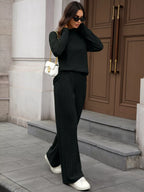 Ribbed Turtleneck Dropped Shoulder Top Pants Sweater Set (26)