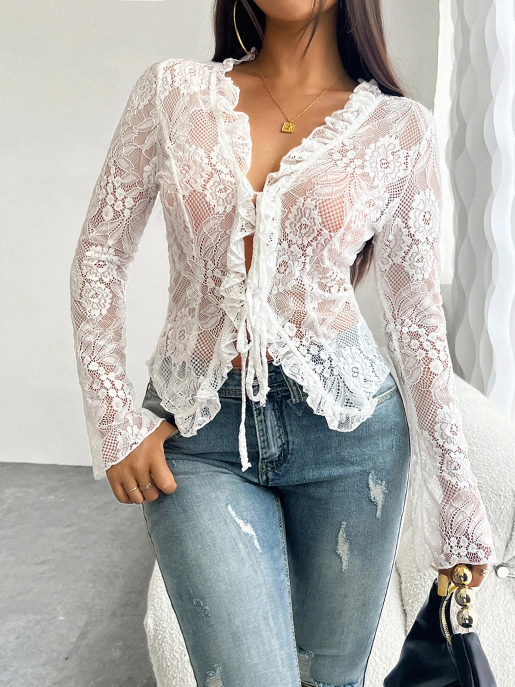Tie Front Long Sleeve Lace Top (12)