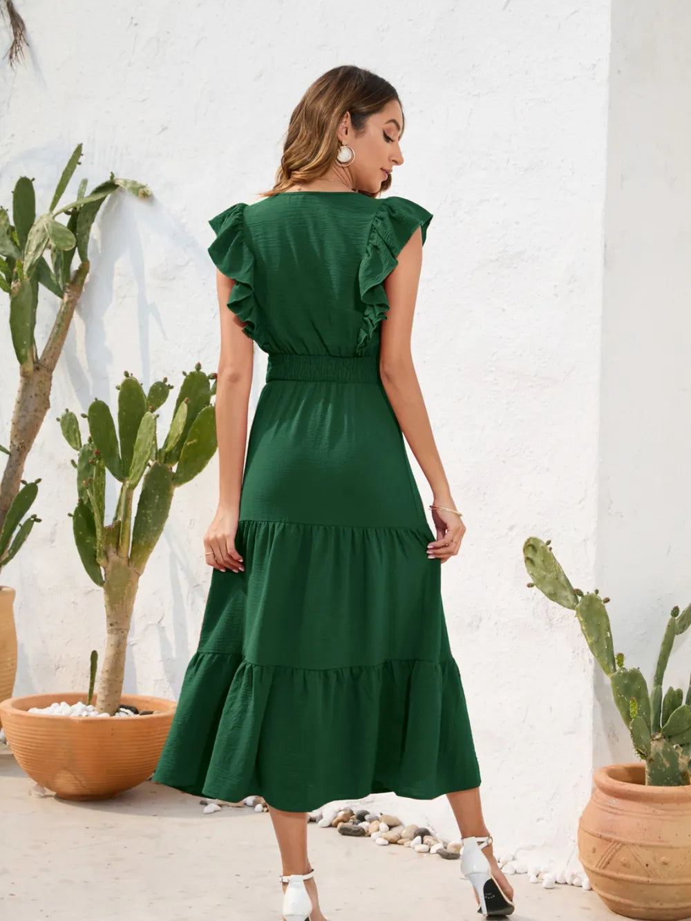 Tiered Ruffled V-neck Cap Sleeve Dress (5)