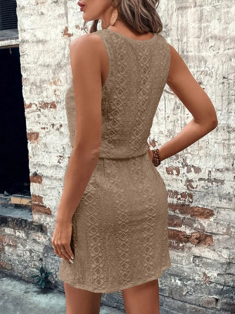Eyelet Drawstring Round Neck Sleeveless Dress (23)