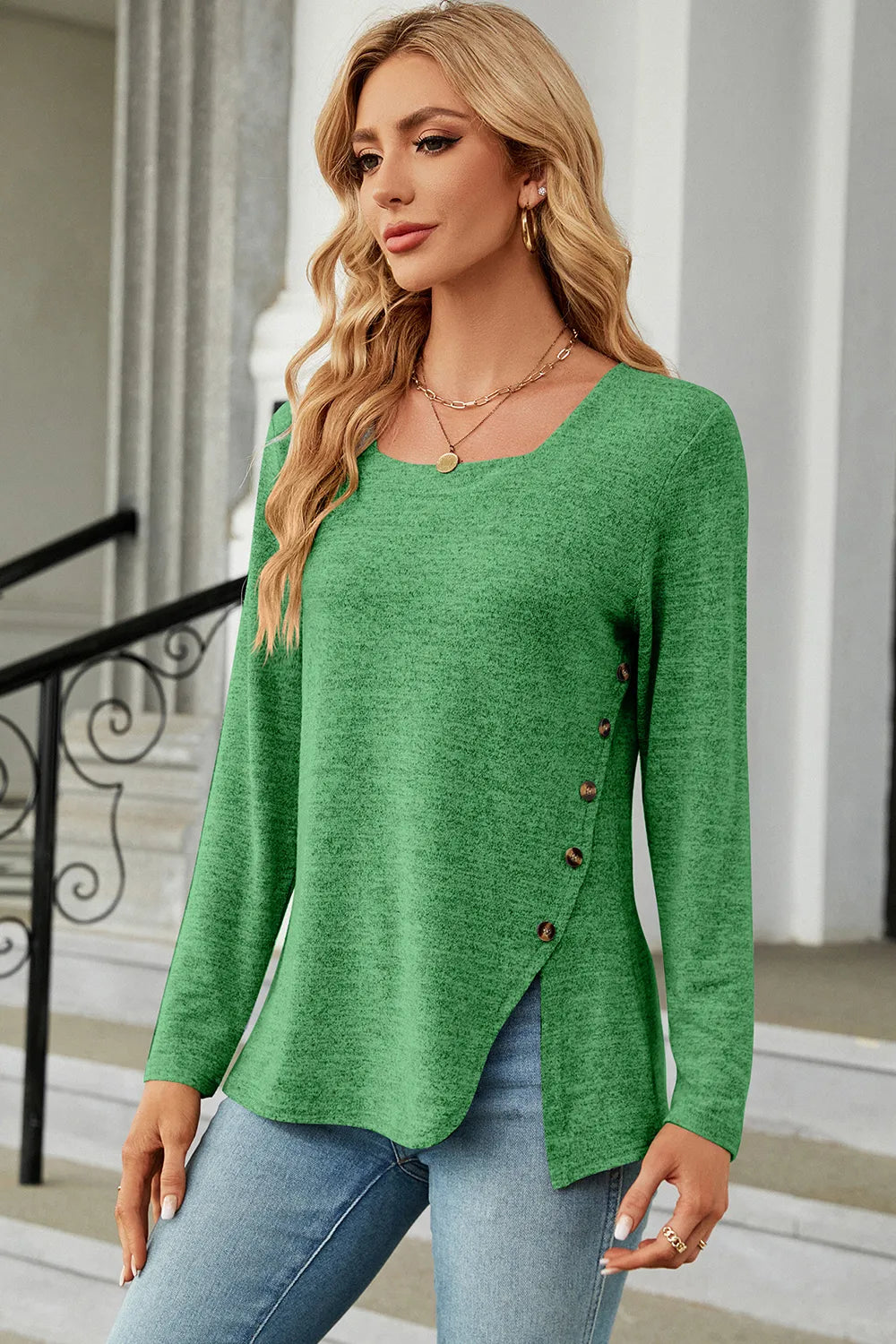 Slit Decorative Button Square Neck T-shirt (12)