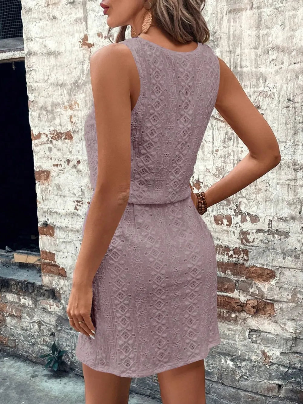 Eyelet Drawstring Round Neck Sleeveless Dress (12)