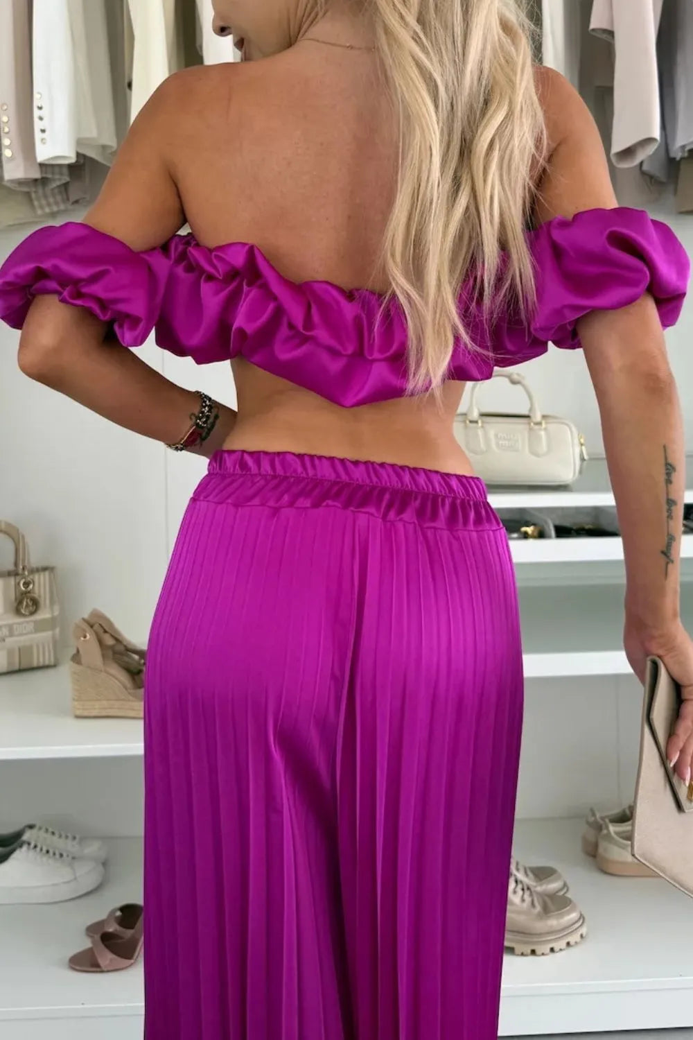 Off-shoulder Top Pleated Pants Set (15)