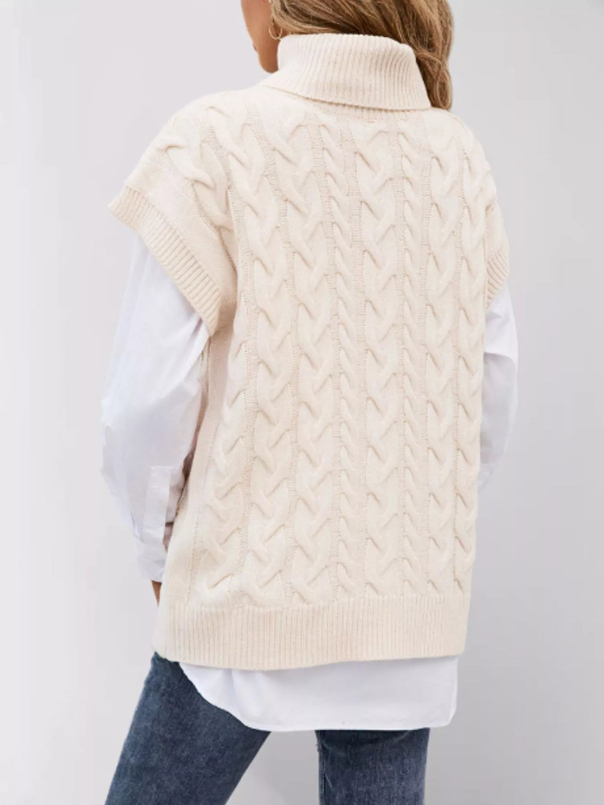 Chunky Knit Turtleneck Cap Sleeve Sweater (3)