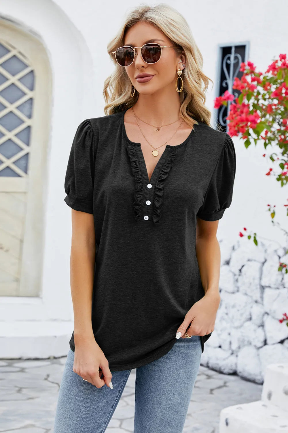 Frill Notched Short Sleeve Blouse (4)