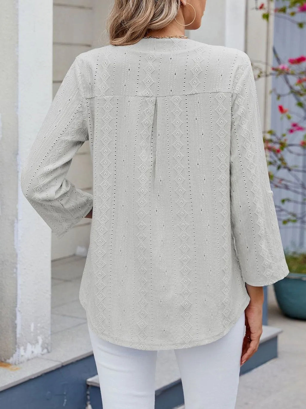 Eyelet Notched Roll-tab Sleeve Top (35)
