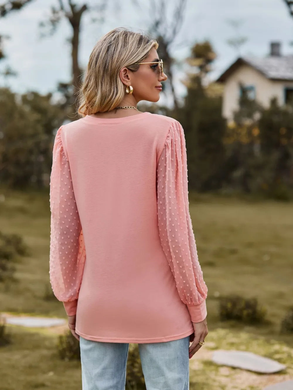 Swiss Dot V-neck Long Sleeve Blouse (3)