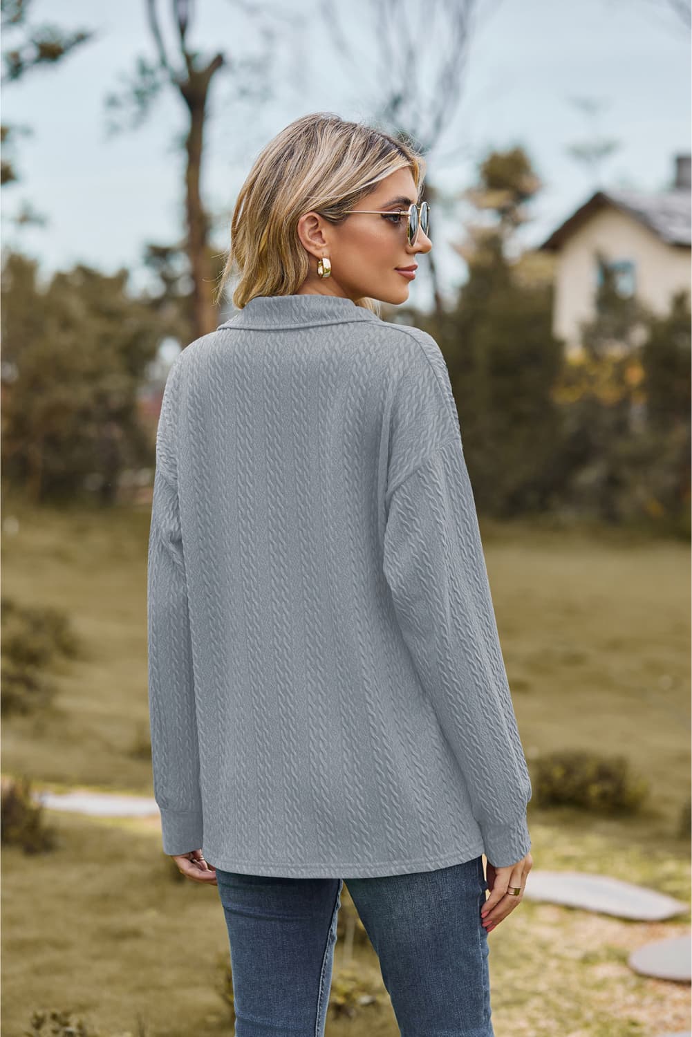 Collared Neck Cable-knit Long Sleeve Blouse (18)
