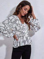Ruched Printed V-neck Long Sleeve Blouse (14)