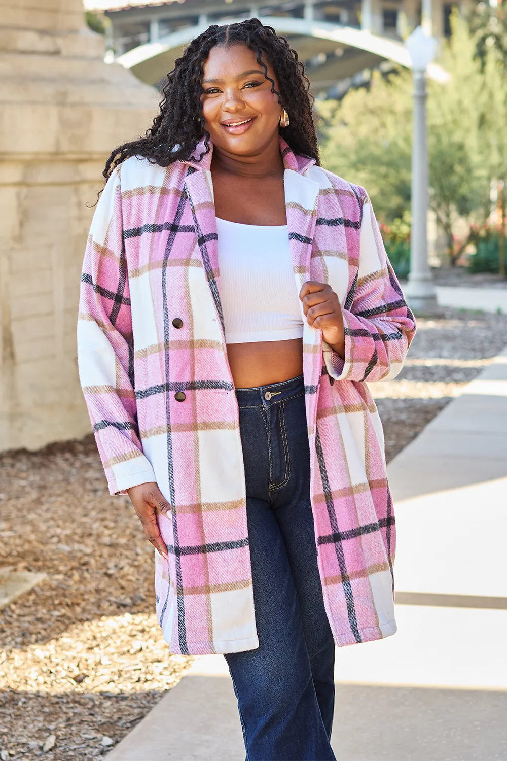 Full Size Plaid Button Up Lapel Collar Coat (4)