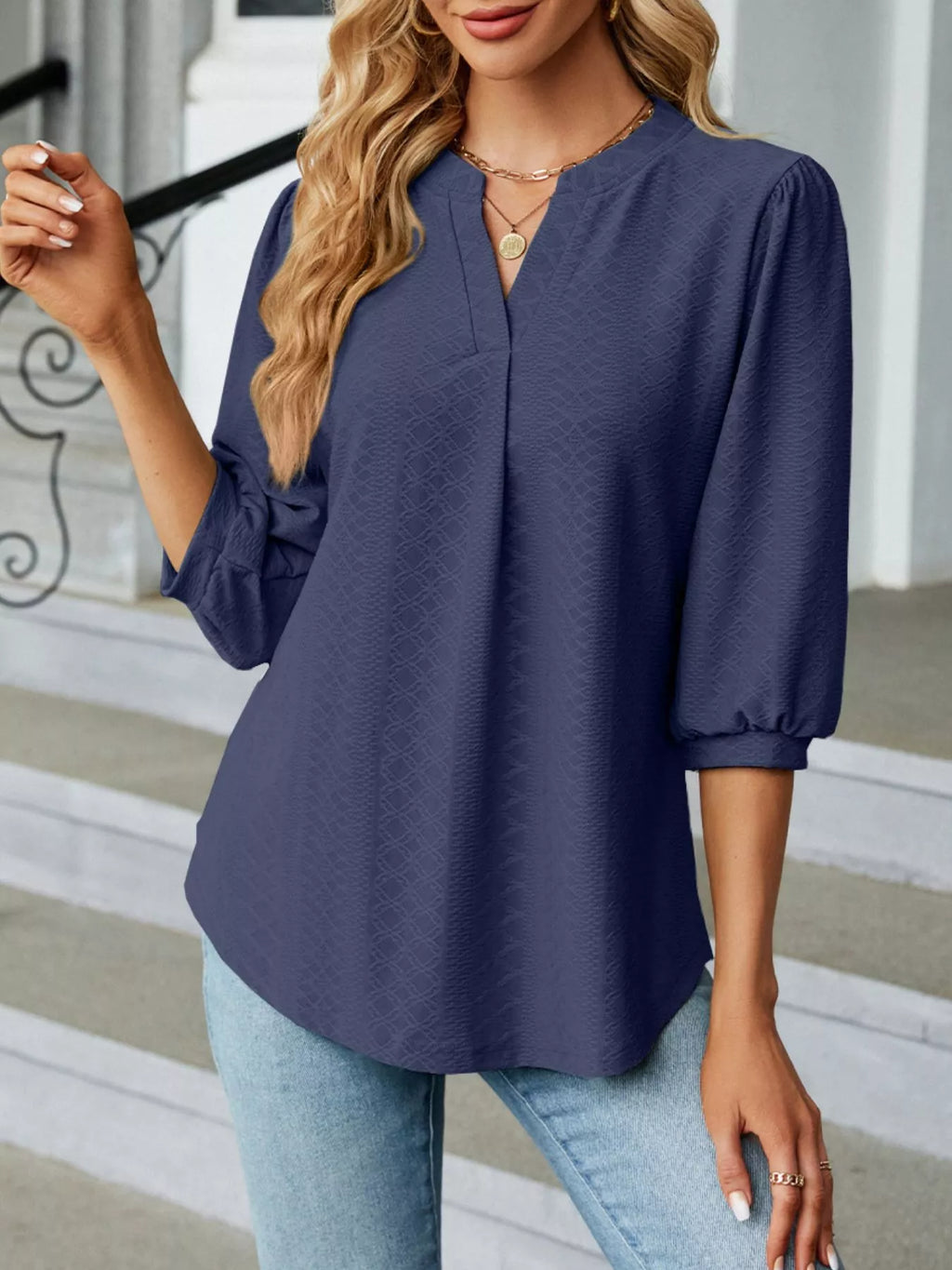 Notched 3/4 Sleeve Casual Top (20)