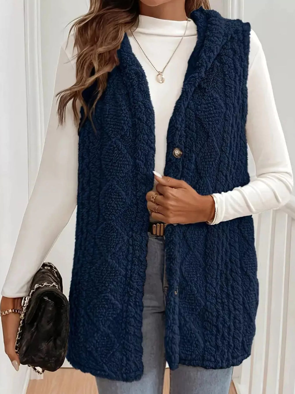 Hooded Button-up Sherpa Vest Coat (7)