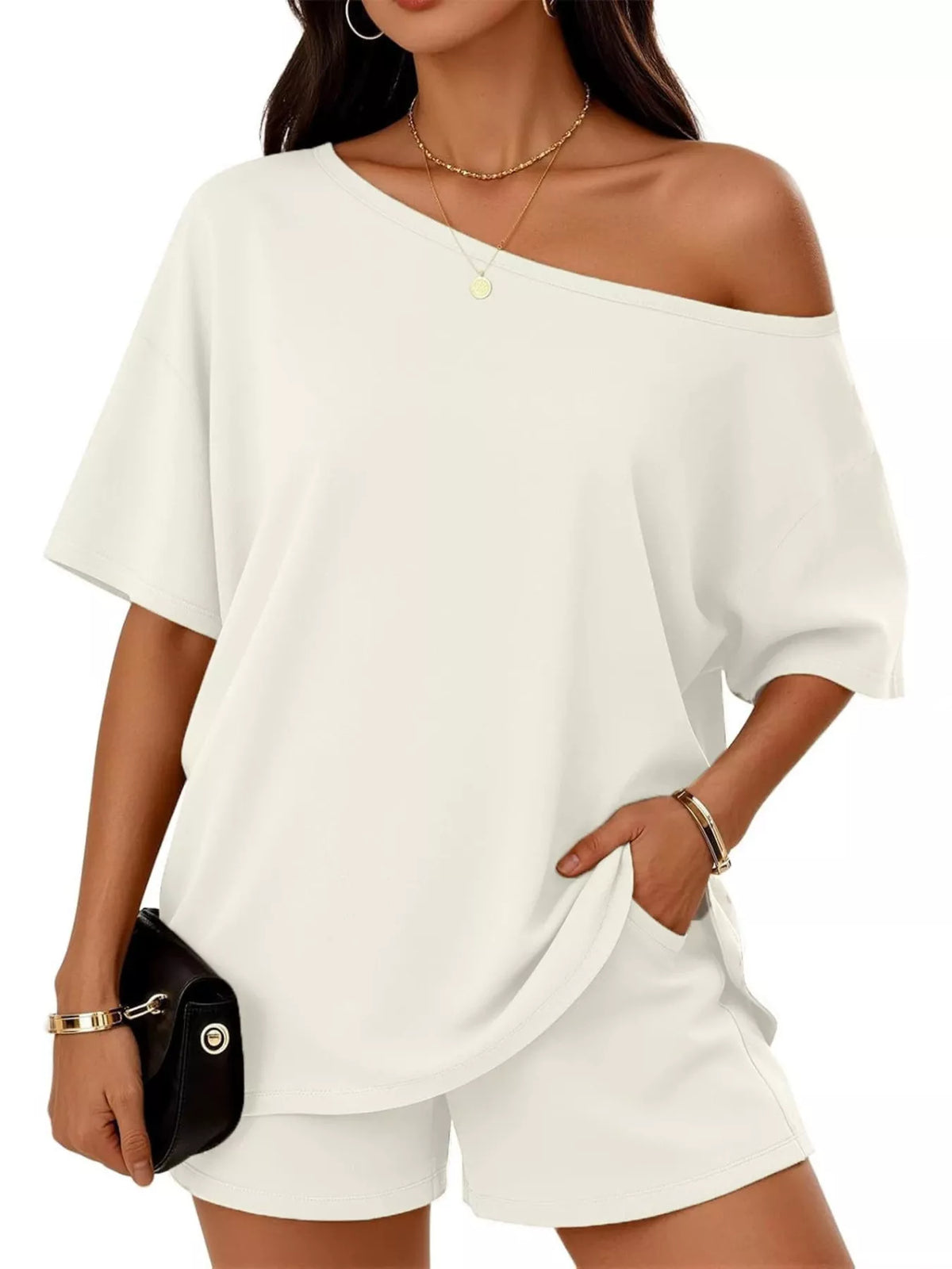 Full Size One Shoulder Top Shorts Set Plus (14)