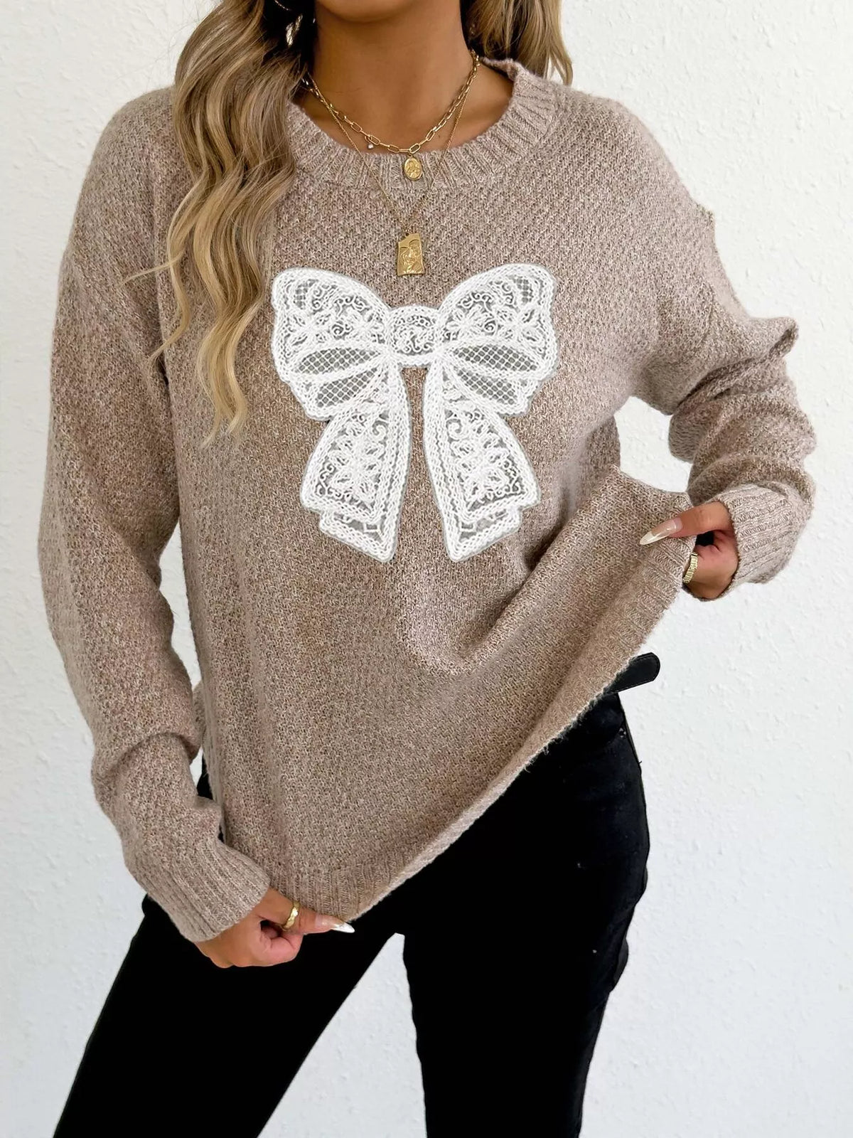 Lace Bow Embroidered Round Neck Sweater (3)