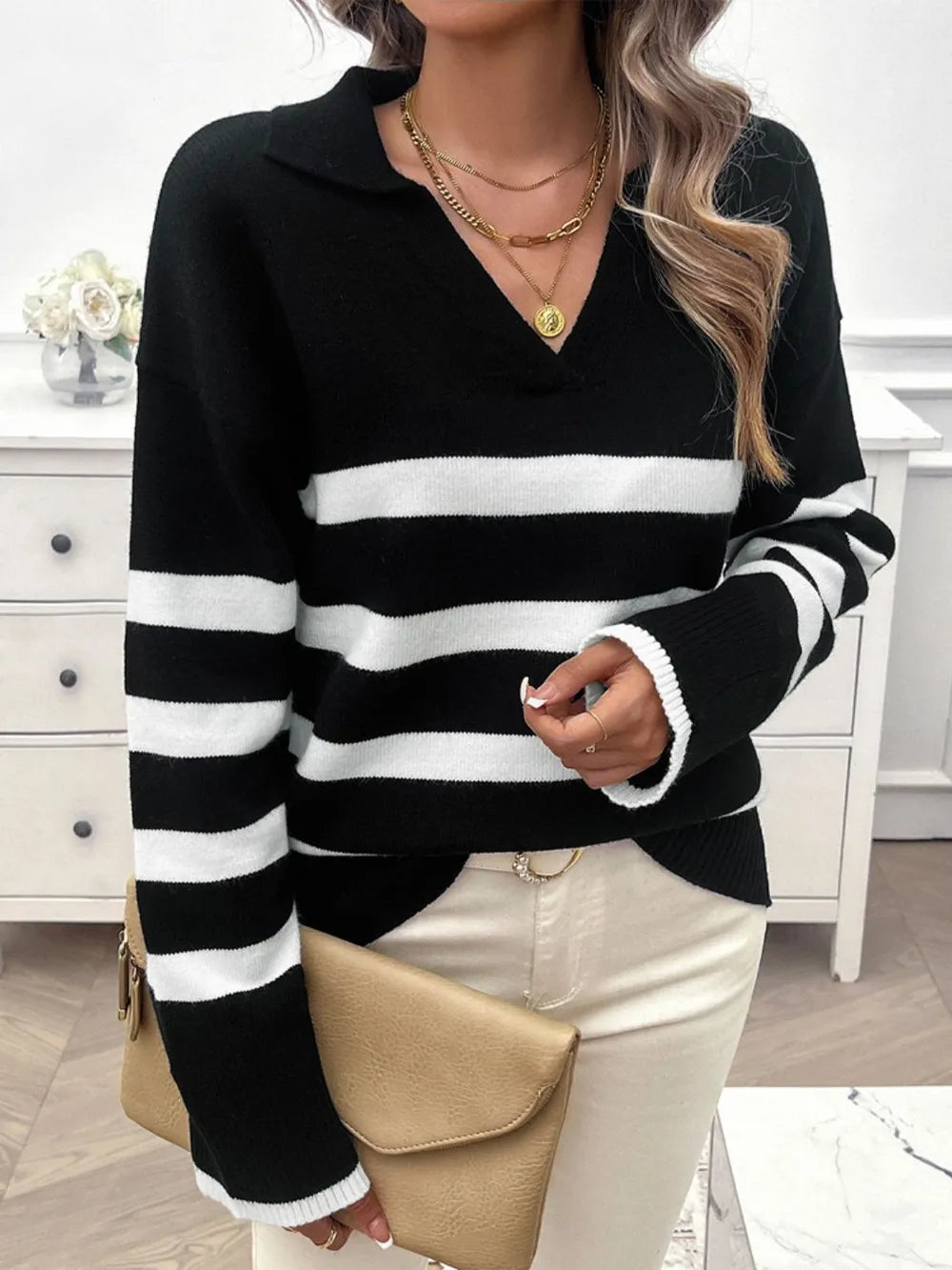 Striped Collared Neck Long Sleeve Sweater (6)