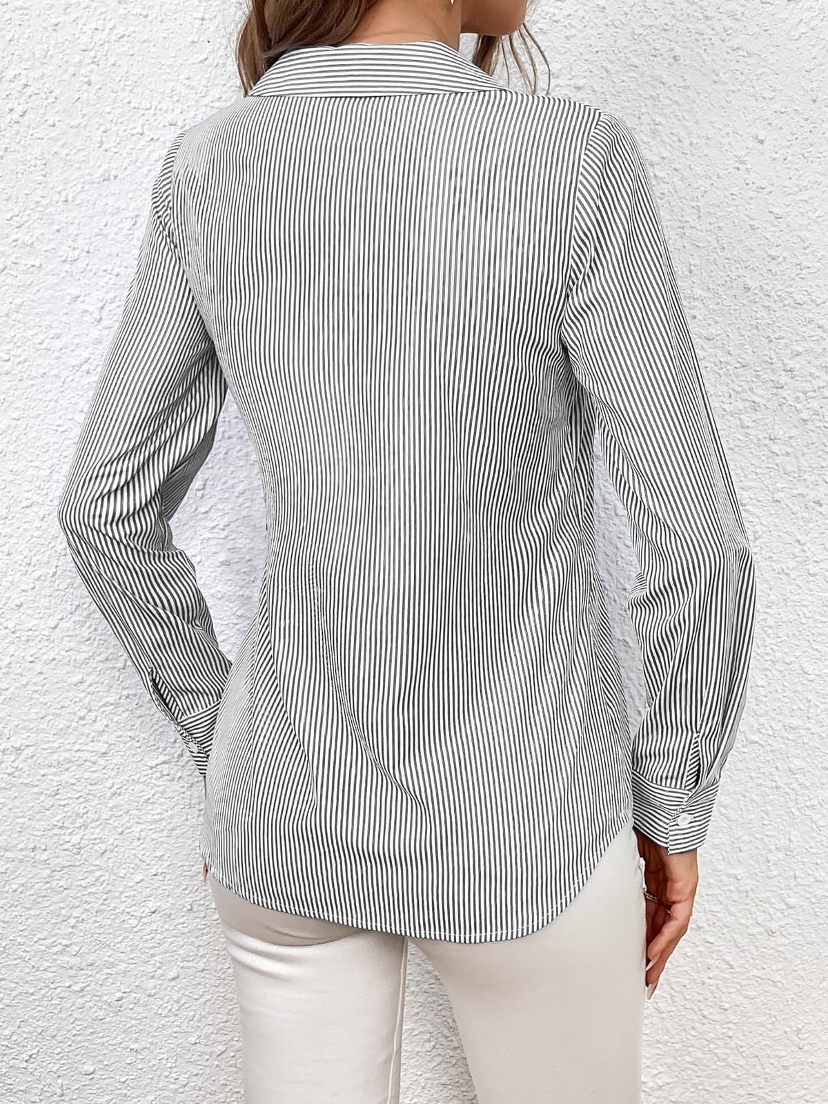 Bow Tie Waist Johnny Collar Neck Striped Blouse (15)