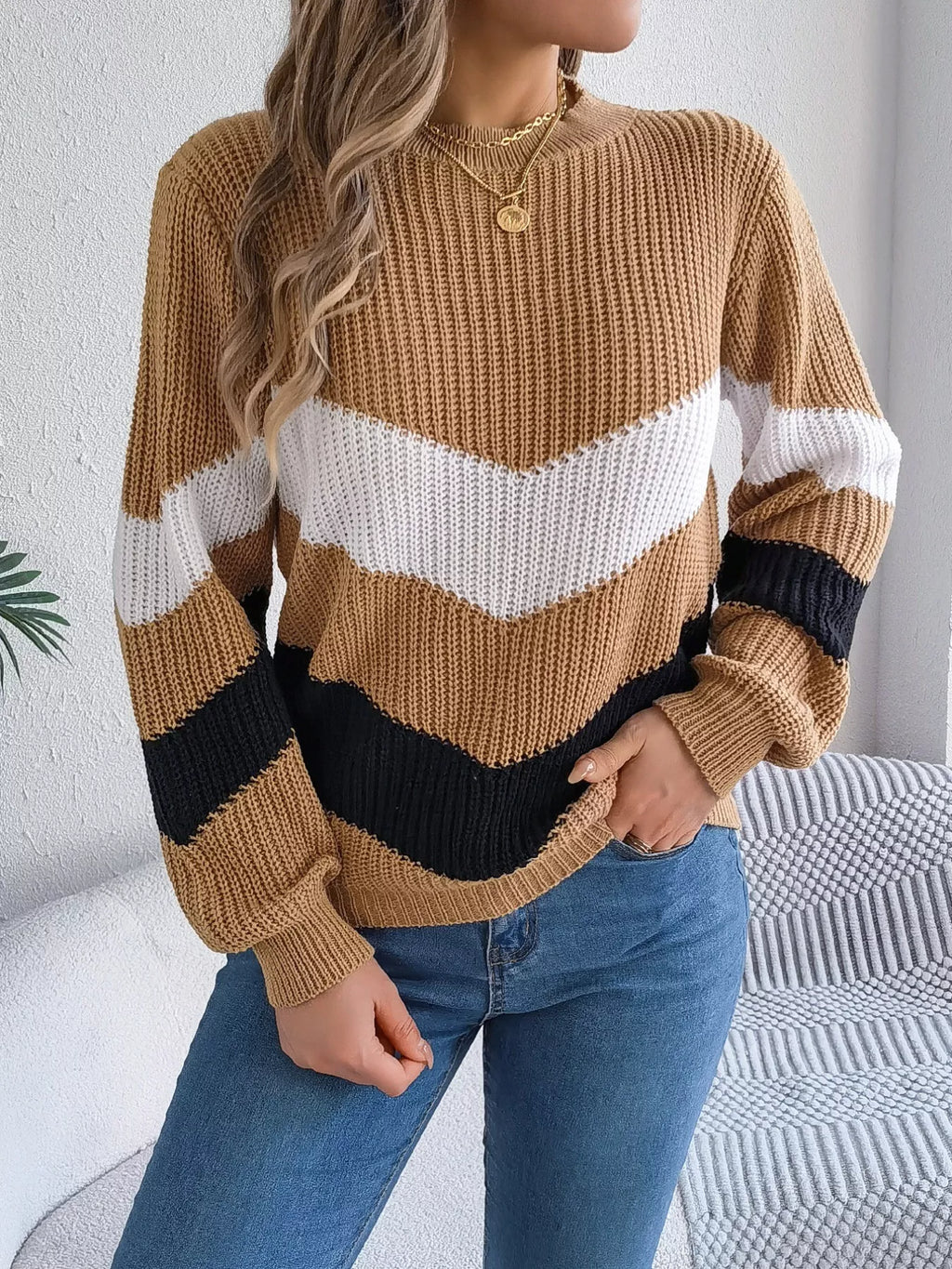 Chevron Stripe Block Round Neck Sweater (18)