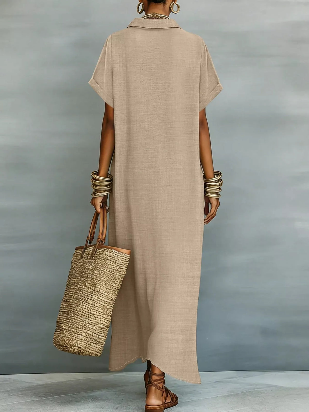 Casual Linen Shirt Dress Button-down Front (2)