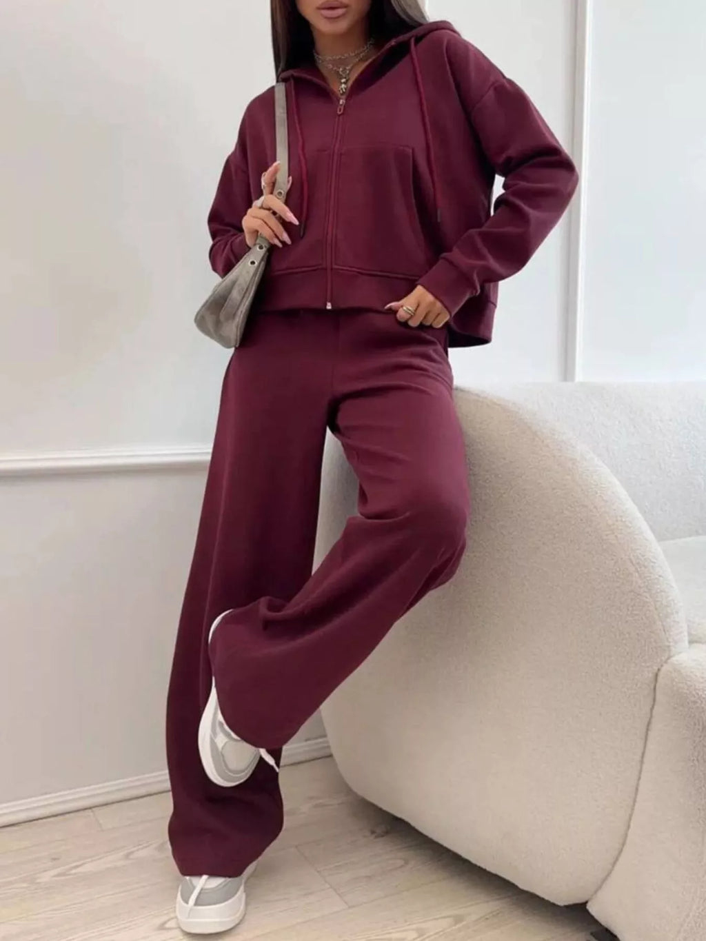 Zip-up Hoodie Wide-leg Pants Set (10)