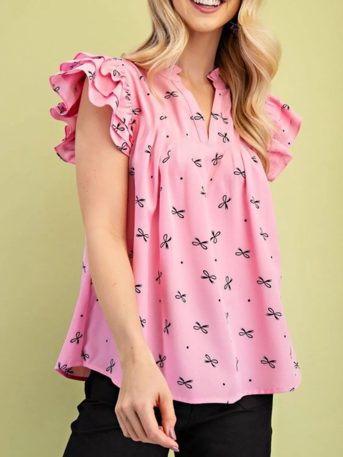 Notched Ruffled Cap Sleeve Blouse (2)