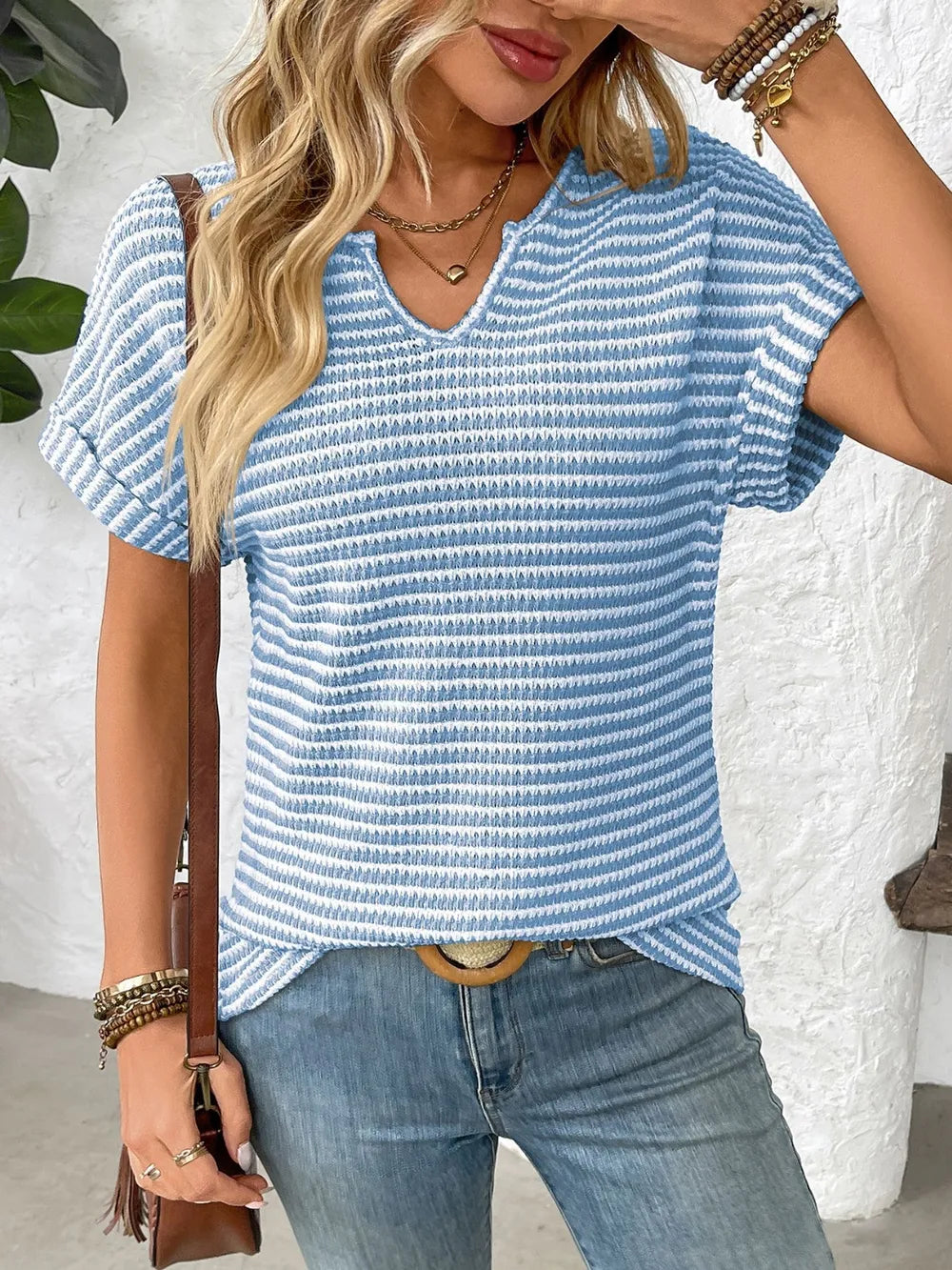 Striped Notched Short Sleeve T-shirt (9)