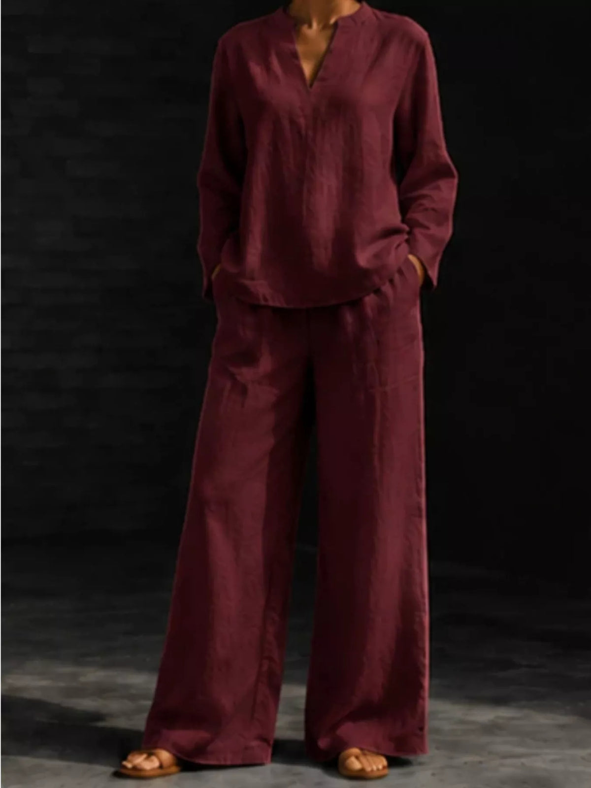 Notched Long Sleeve Top Pants Set (18)
