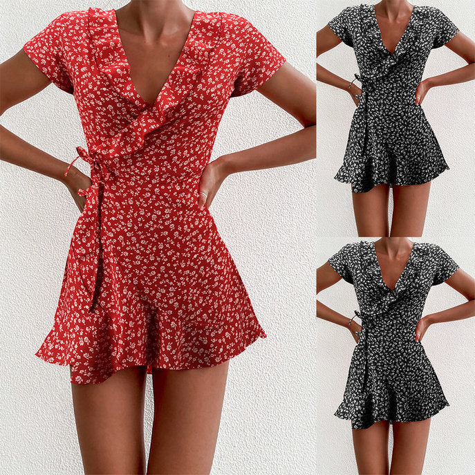 Summer V-neck Ruffled Lace A-line Slim Dress photo 3