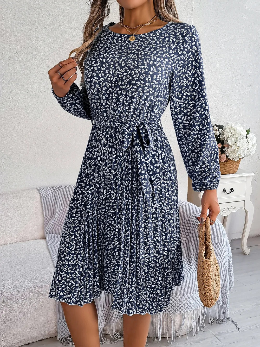Ditsy Floral Tie Waist Pleated Dress (13)
