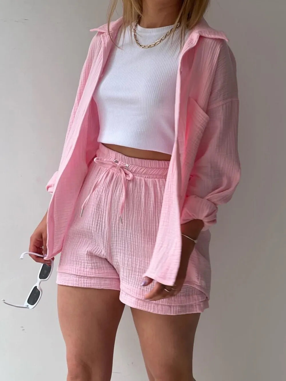 Texture Button Up Shirt Drawstring Shorts Set (9)